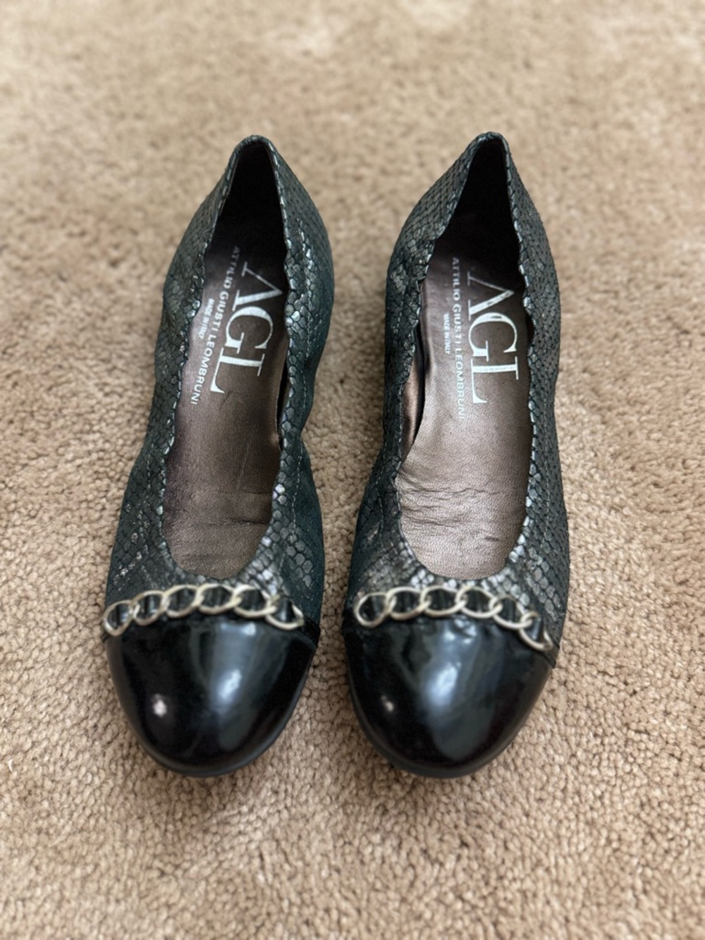 AGL Ballet Flats Shoes Black Cap Chain Italy Women Attilio Snakeskin Silver